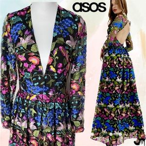 ASOS V Neck Open Back Vibrant Floral Embroidered Maxi Gown Sz 8